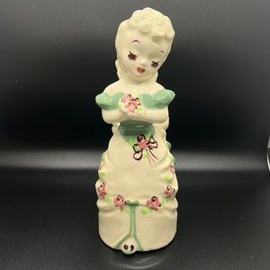 DELEE 1940’s California Pottery Art Vase Lady Green White Flower Dress Vintage